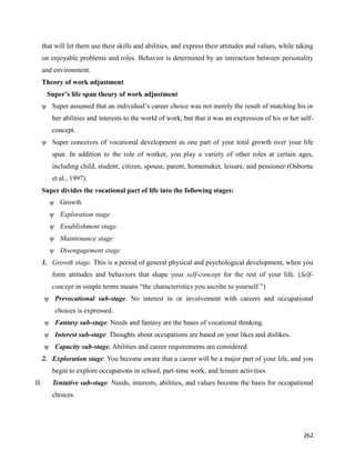 262
that will let them use their skills and abilities, and express their attitudes and values, while taking
on enjoyable problems and roles. Behavior is determined by an interaction between personality
and environment.
Theory of work adjustment
Super’s life span theory of work adjustment
ψ Super assumed that an individual’s career choice was not merely the result of matching his or
her abilities and interests to the world of work, but that it was an expression of his or her self-
concept.
ψ Super conceives of vocational development as one part of your total growth over your life
span. In addition to the role of worker, you play a variety of other roles at certain ages,
including child, student, citizen, spouse, parent, homemaker, leisure, and pensioner (Osborne
et al., 1997).
Super divides the vocational part of life into the following stages:
ψ Growth
ψ Exploration stage
ψ Establishment stage.
ψ Maintenance stage
ψ Disengagement stage
1. Growth stage. This is a period of general physical and psychological development, when you
form attitudes and behaviors that shape your self-concept for the rest of your life. (Self-
concept in simple terms means “the characteristics you ascribe to yourself.”)
ψ Prevocational sub-stage. No interest in or involvement with careers and occupational
choices is expressed.
ψ Fantasy sub-stage. Needs and fantasy are the bases of vocational thinking.
ψ Interest sub-stage. Thoughts about occupations are based on your likes and dislikes.
ψ Capacity sub-stage. Abilities and career requirements are considered.
2. Exploration stage. You become aware that a career will be a major part of your life, and you
begin to explore occupations in school, part-time work, and leisure activities.
II. Tentative sub-stage. Needs, interests, abilities, and values become the basis for occupational
choices.
 
