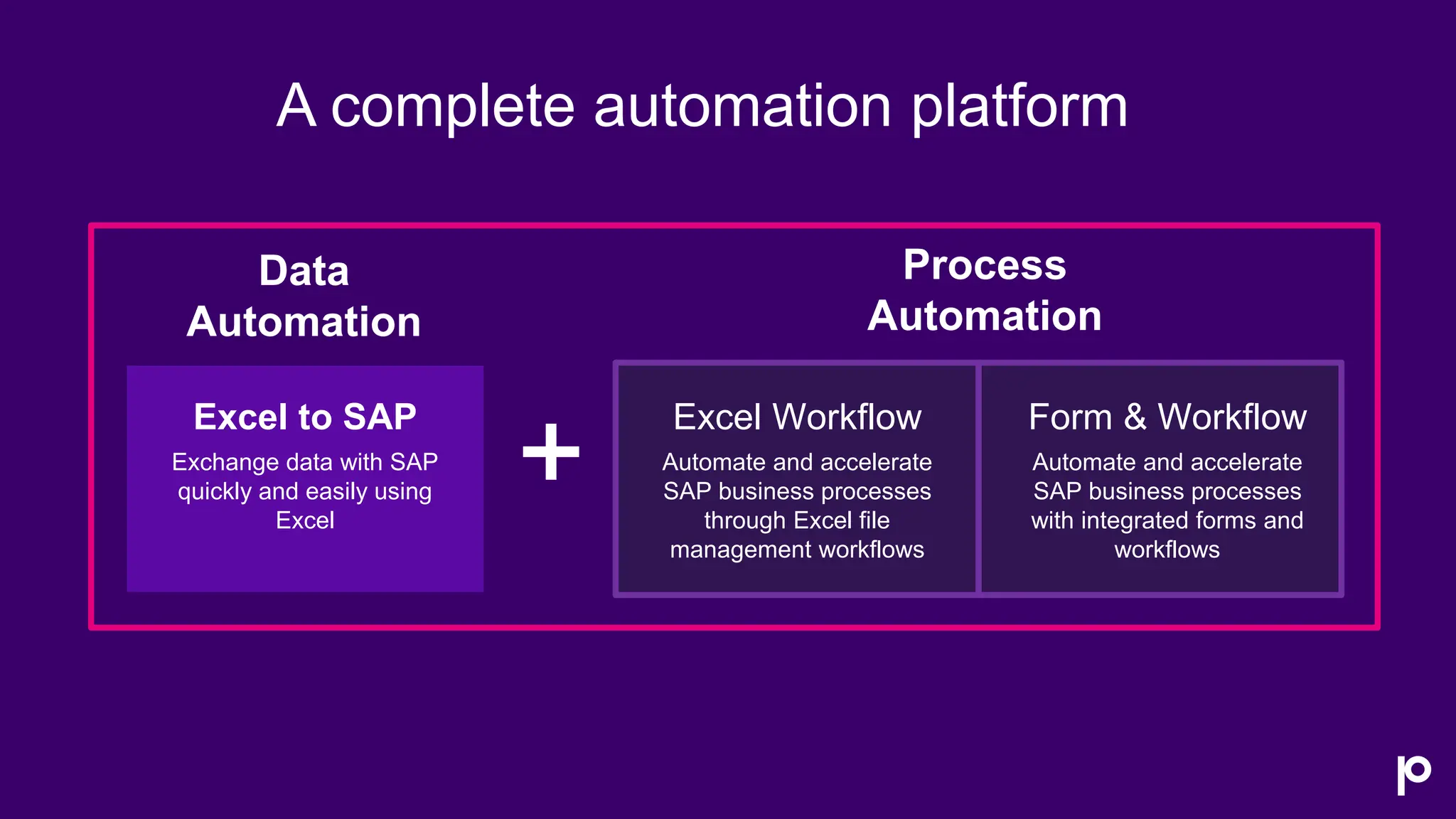A complete automation platform
Excel to SAP
Exchange data with SAP
quickly and easily using
Excel
Form & Workflow
Automate and accelerate
SAP business processes
with integrated forms and
workflows
Excel Workflow
Automate and accelerate
SAP business processes
through Excel file
management workflows
Process
Automation
Data
Automation
 