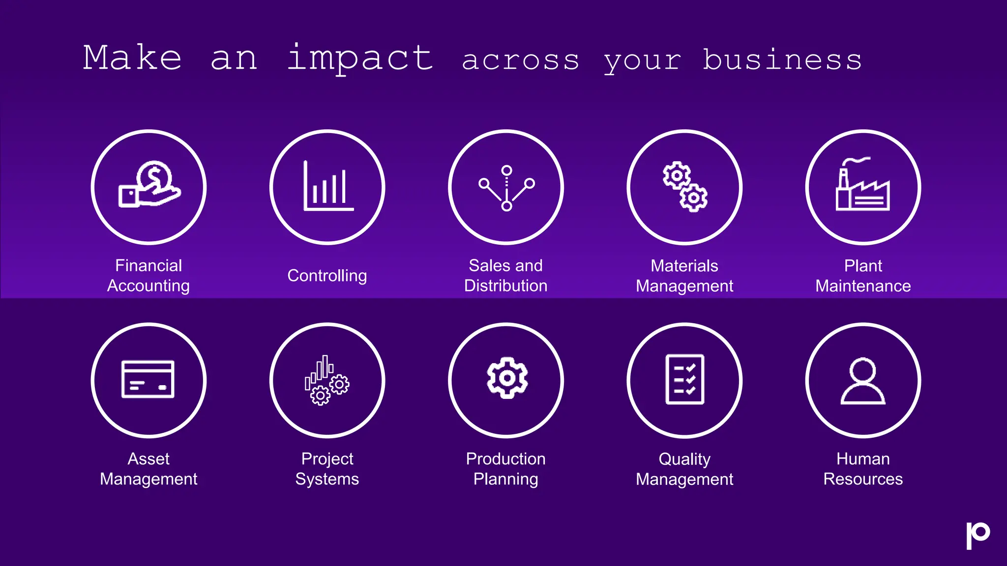 Make an impact across your business
Financial
Accounting
Controlling
Sales and
Distribution
Materials
Management
Plant
Maintenance
Asset
Management
Project
Systems
Production
Planning
Quality
Management
Human
Resources
 