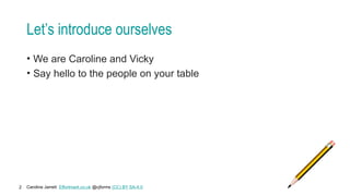 Caroline Jarrett Effortmark.co.uk @cjforms (CC) BY SA-4.0
2
Let’s introduce ourselves
• We are Caroline and Vicky
• Say hello to the people on your table
 