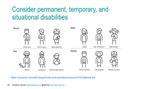 Caroline Jarrett Effortmark.co.uk @cjforms (CC) BY SA-4.0
26
Consider permanent, temporary, and
situational disabilities
https://inclusive.microsoft.design/tools-and-activities/Inclusive101Guidebook.pdf
 
