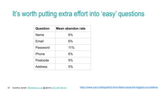 Caroline Jarrett Effortmark.co.uk @cjforms (CC) BY SA-4.0
57
It’s worth putting extra effort into ‘easy’ questions
Question Mean abandon rate
Name 6%
Email 6%
Password 11%
Phone 6%
Postcode 5%
Address 5%
https://www.zuko.io/blog/which-form-fields-cause-the-biggest-ux-problems
 