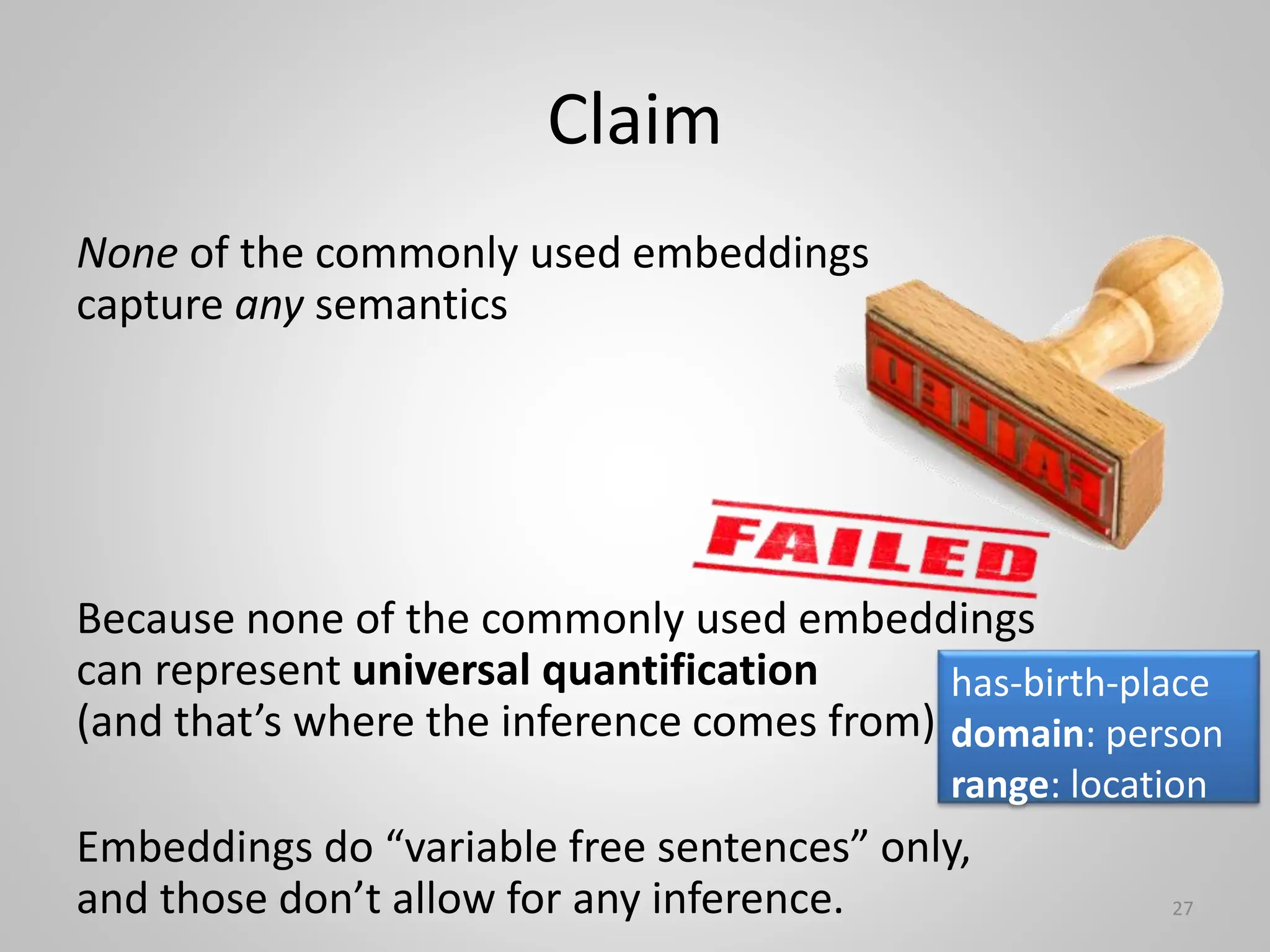 Claim
None of the commonly used embeddings
capture any semantics
Because none of the commonly used embeddings
can represent universal quantification
(and that’s where the inference comes from)
Embeddings do “variable free sentences” only,
and those don’t allow for any inference. 27
has-birth-place
domain: person
range: location
 