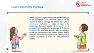 EJEMPLO DE PROPUESTA DE GESTIÓN
Nuestra propuesta de gestión tiene como eje central el logro
de los aprendizajes y la culminación oportuna de los
estudiantes, bajo el liderazgo del directivo. Para ello, la
planificación institucional se realiza en base a los
compromisos de gestión escolar y la evaluación con la
participación democrática de los comités de la IE. El directivo
implementa las actividades según las prácticas de gestión
escolar que permita alcanzar los objetivos y metas del PEI.
Asimismo, busca promover proyectos de buenas practicas
docentes en relación al Marco del Buen Desempeño
Docente.
 