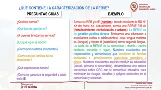 EJEMPLO
Somos la RER y/o IE (nombre), creado mediante la RD N°
XX de fecha XX. Actualmente, somos una RER/IE EIB de
(fortalecimiento, revitalización o urbano). La RER/IE es
de gestión pública directa. Brindamos una educación a
estudiantes (niños o adolescentes), cuya lengua materna
es (lengua) y tienen al (castellano) como segunda lengua.
La sede de la RER/IE es la comunidad / distrito / centro
poblado, provincia y región. Nuestros estudiantes son
responsables y comunicativo que provienen de familias
dedicadas a principalmente (agricultura, ganadería u
otras). Nuestros estudiantes aspiran concluir su educación
(inicial, primaria o secundaria), desarrollando una cultura
preventiva sobre GRD con la comunidad educativa para
minimizar los riesgos, desafíos y peligros existentes en la
comunidad y sociedad.
¿QUÉ CONTIENE LA CARACTERIZACIÓN DE LA RER/IE?
¿Quiénes somos?
¿Qué tipo de gestión es?
¿A quienes brindamos servicio?
¿En qué lugar se ubica?
¿Cómo son nuestros estudiantes?
¿Cómo son las familias de los
estudiantes?
¿Qué aspiraciones tienen?
¿Cómo se garantiza la seguridad y salud
en la IE
PREGUNTAS GUÍAS
 