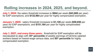 13
Rolling increases in 2024, 2025, and beyond.
July 1, 2024: the salary threshold increases to $844 per week ($43,888 per year)
for EAP exemptions; and $132,964 per year for highly compensated exemption.
January 1, 2025: salary threshold increases to $1,128 per week ($58,656 per
year) for EAP exemptions; and $151,164 per year for highly compensated
exemption.
July 1, 2027, and every three years: threshold for EAP exemption will be
reevaluated to align with 35th
percentile of weekly earnings of full-time salaried
workers based on lowest-wage census data; and 85th
percentile for highly
compensated exemption.
 