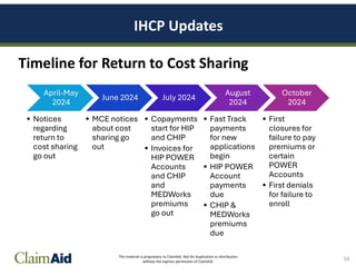 This material is proprietary to ClaimAid. Not for duplication or distribution
without the express permission of ClaimAid.
IHCP Updates
34
April-May
2024
• Notices
regarding
return to
cost sharing
go out
June 2024
• MCE notices
about cost
sharing go
out
July 2024
• Copayments
start for HIP
and CHIP
• Invoices for
HIP POWER
Accounts
and CHIP
and
MEDWorks
premiums
go out
August
2024
• Fast Track
payments
for new
applications
begin
• HIP POWER
Account
payments
due
• CHIP &
MEDWorks
premiums
due
October
2024
• First
closures for
failure to pay
premiums or
certain
POWER
Accounts
• First denials
for failure to
enroll
Timeline for Return to Cost Sharing
 