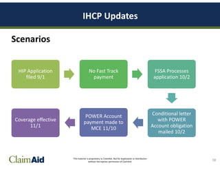This material is proprietary to ClaimAid. Not for duplication or distribution
without the express permission of ClaimAid.
IHCP Updates
38
Scenarios
HIP Application
filed 9/1
No Fast Track
payment
FSSA Processes
application 10/2
Conditional letter
with POWER
Account obligation
mailed 10/2
POWER Account
payment made to
MCE 11/10
Coverage effective
11/1
 