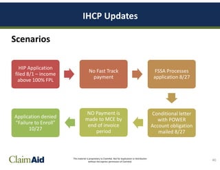 This material is proprietary to ClaimAid. Not for duplication or distribution
without the express permission of ClaimAid.
IHCP Updates
40
Scenarios
HIP Application
filed 8/1 – income
above 100% FPL
No Fast Track
payment
FSSA Processes
application 8/27
Conditional letter
with POWER
Account obligation
mailed 8/27
NO Payment is
made to MCE by
end of invoice
period
Application denied
“Failure to Enroll”
10/27
 