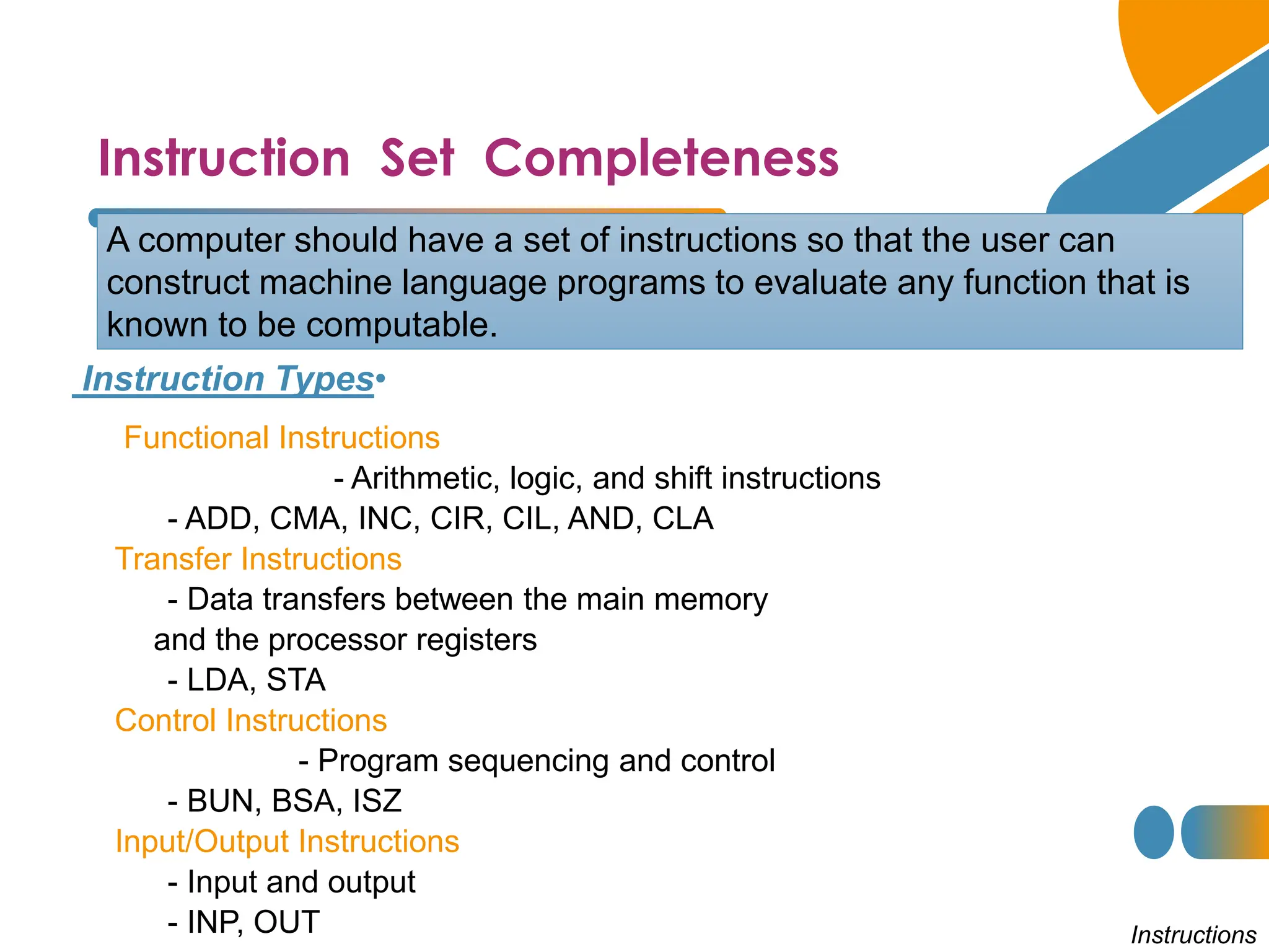 Instruction Set Completeness
•
Instruction Types
A computer should have a set of instructions so that the user can
construct machine language programs to evaluate any function that is
known to be computable.
Functional Instructions
- Arithmetic, logic, and shift instructions
- ADD, CMA, INC, CIR, CIL, AND, CLA
Transfer Instructions
- Data transfers between the main memory
and the processor registers
- LDA, STA
Control Instructions
- Program sequencing and control
- BUN, BSA, ISZ
Input/Output Instructions
- Input and output
- INP, OUT Instructions
 