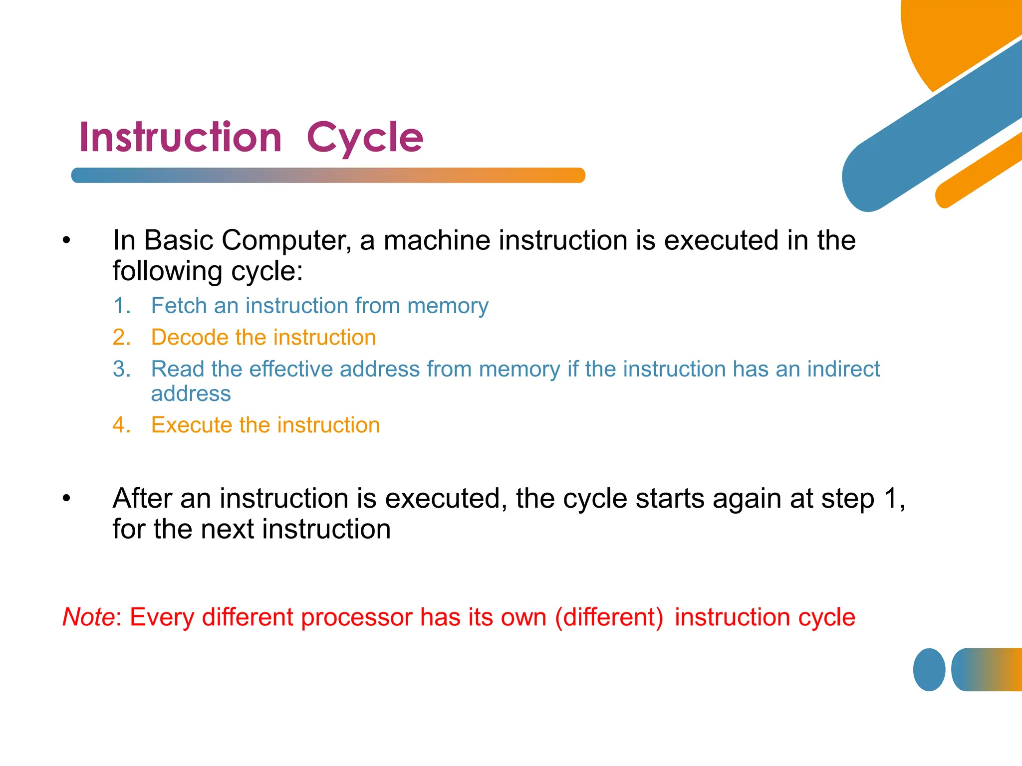 Instruction Cycle
• In Basic Computer, a machine instruction is executed in the
following cycle:
1. Fetch an instruction from memory
2. Decode the instruction
3. Read the effective address from memory if the instruction has an indirect
address
4. Execute the instruction
• After an instruction is executed, the cycle starts again at step 1,
for the next instruction
Note: Every different processor has its own (different) instruction cycle
 