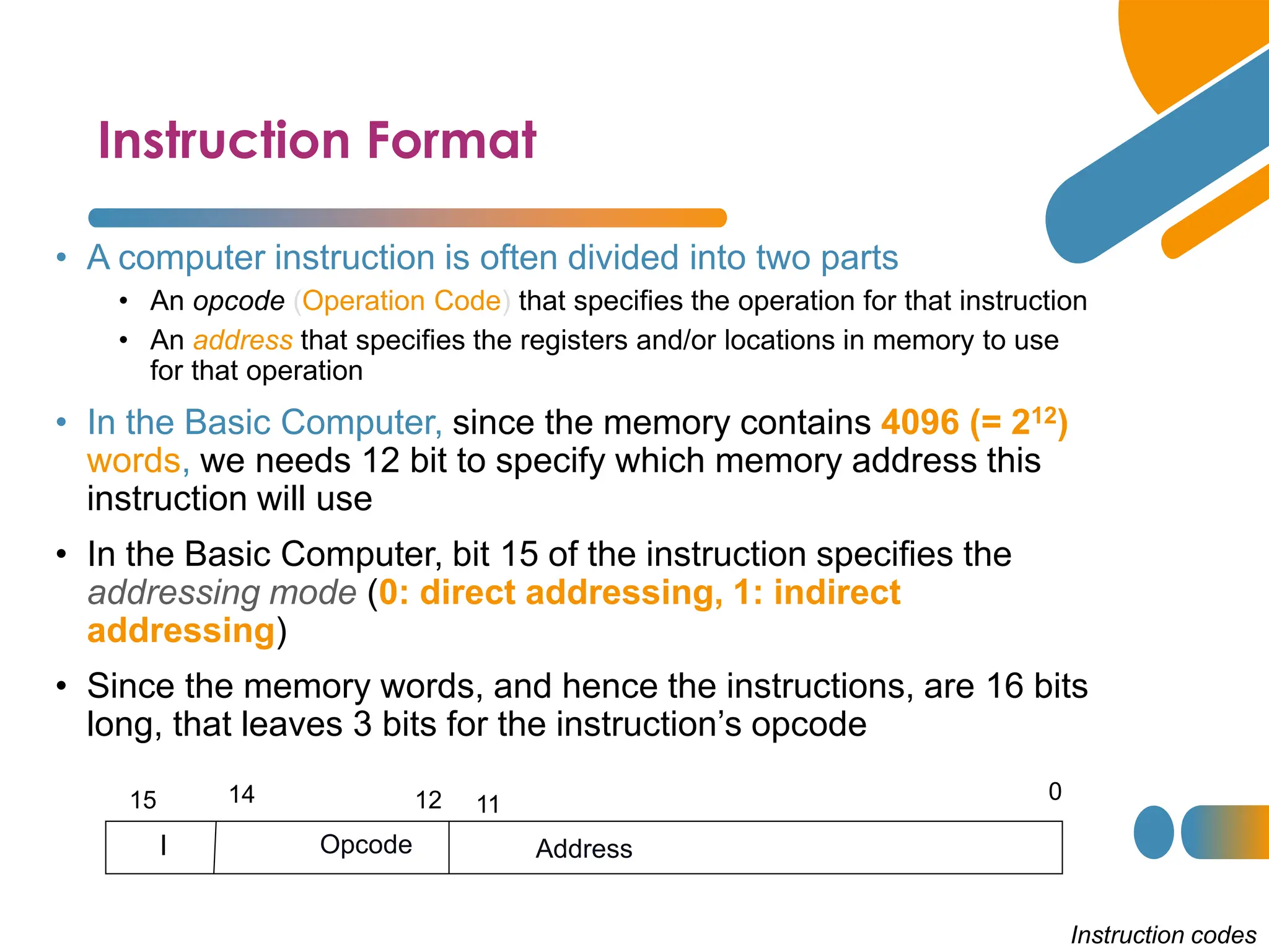 Instruction Format
Instruction codes
• A computer instruction is often divided into two parts
• An opcode (Operation Code) that specifies the operation for that instruction
• An address that specifies the registers and/or locations in memory to use
for that operation
• In the Basic Computer, since the memory contains 4096 (= 212)
words, we needs 12 bit to specify which memory address this
instruction will use
• In the Basic Computer, bit 15 of the instruction specifies the
addressing mode (0: direct addressing, 1: indirect
addressing)
• Since the memory words, and hence the instructions, are 16 bits
long, that leaves 3 bits for the instruction’s opcode
Address
Opcode
I
0
11
12
14
15
 