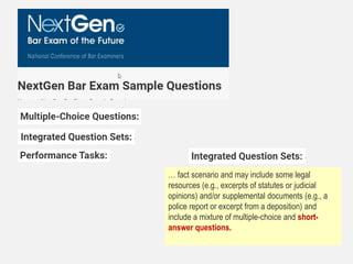 … fact scenario and may include some legal
resources (e.g., excerpts of statutes or judicial
opinions) and/or supplemental documents (e.g., a
police report or excerpt from a deposition) and
include a mixture of multiple-choice and short-
answer questions.
 