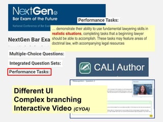 Different UI
Complex branching
Interactive Video (CYOA)
… demonstrate their ability to use fundamental lawyering skills in
realistic situations, completing tasks that a beginning lawyer
should be able to accomplish. These tasks may feature areas of
doctrinal law, with accompanying legal resources
 