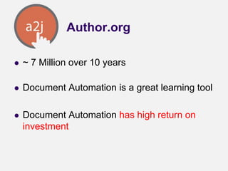 UsageA Author.org
 ~ 7 Million over 10 years
 Document Automation is a great learning tool
 Document Automation has high return on
investment
 
