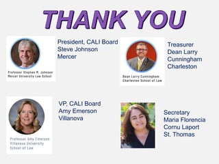 President, CALI Board
Steve Johnson
Mercer
VP, CALI Board
Amy Emerson
Villanova
Treasurer
Dean Larry
Cunningham
Charleston
Secretary
Maria Florencia
Cornu Laport
St. Thomas
 