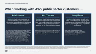 2024 MIGRATION ACCELERATION PROGRAM (MAP)
© 2024, Amazon Web Services, Inc. or its affiliates. All rights reserved. Amazon Confidential and Trademark. 16
When working with AWS public sector customers….
Guidance: MAP incentives must be
passed on to the public sector end
customer in accordance with applicable
law and MAP terms and conditions
The ‘Public Sector’ customer classification includes, but is not
limited to any agency, organization or other entity that is
within or substantially owned, funded, managed or controlled
by: a) The executive, legislative or judicial branches of
government within the U.S., its territories, or of any other
country’s government at any level; b) A quasi-governmental
entity (e.g., the World Bank or a government-owned
corporation such as a sovereign investment fund); c) An
international governing/regulatory body (e.g., an EU
institution)d) Publicly funded institution (e.g., a college,
university or hospital) or; e) Higher tier prime contractor,
consultant or entity working in support of the foregoing.
Public sector*
Guidance: AWS Public sector supports
direct and indirect RFXs/Tenders with
MAP Migrate & Modernize credits (MAP
2.0 & MAP PPA), when assessed and
qualified by an AWS Migration Advisor
Public sector customers commonly use RFx/Tenders as
part of transparent and compliant process to procure
cloud services and professional services for Migration
and Modernization projects.
RFx/Tenders
Guidance: Partners to consult with
AWS Account Team to align project
requirements, and incentives structure
prior to proposing funding availability
to customer
Public sector organizations often have
specific procurement, security, or regulatory
requirements, such as classified environments,
framework agreements, and local and
national procurement vehicles.
Compliance
 