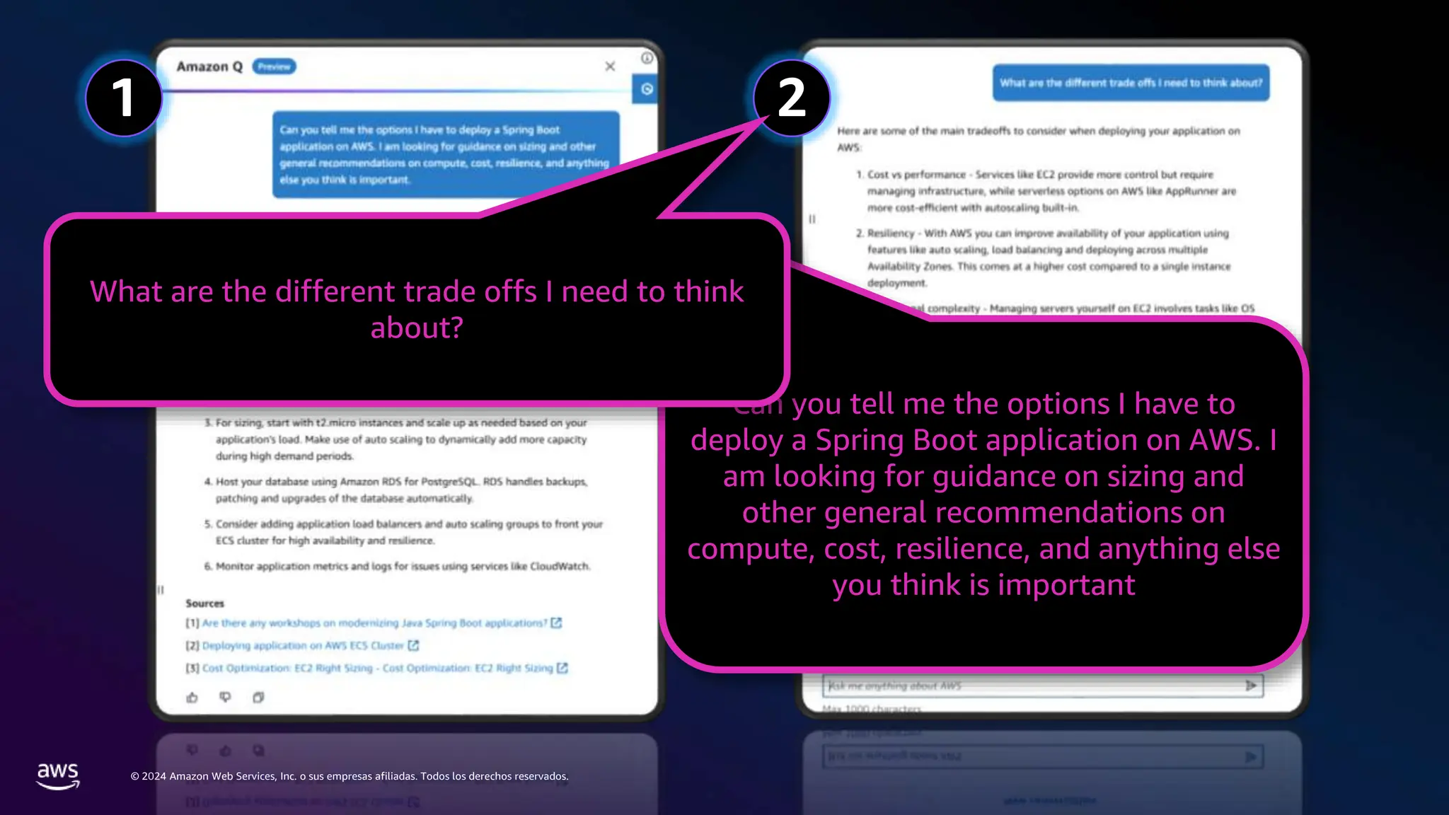 © 2024 Amazon Web Services, Inc. o sus empresas afiliadas. Todos los derechos reservados.
1 2
Can you tell me the options I have to
deploy a Spring Boot application on AWS. I
am looking for guidance on sizing and
other general recommendations on
compute, cost, resilience, and anything else
you think is important
What are the different trade offs I need to think
about?
 