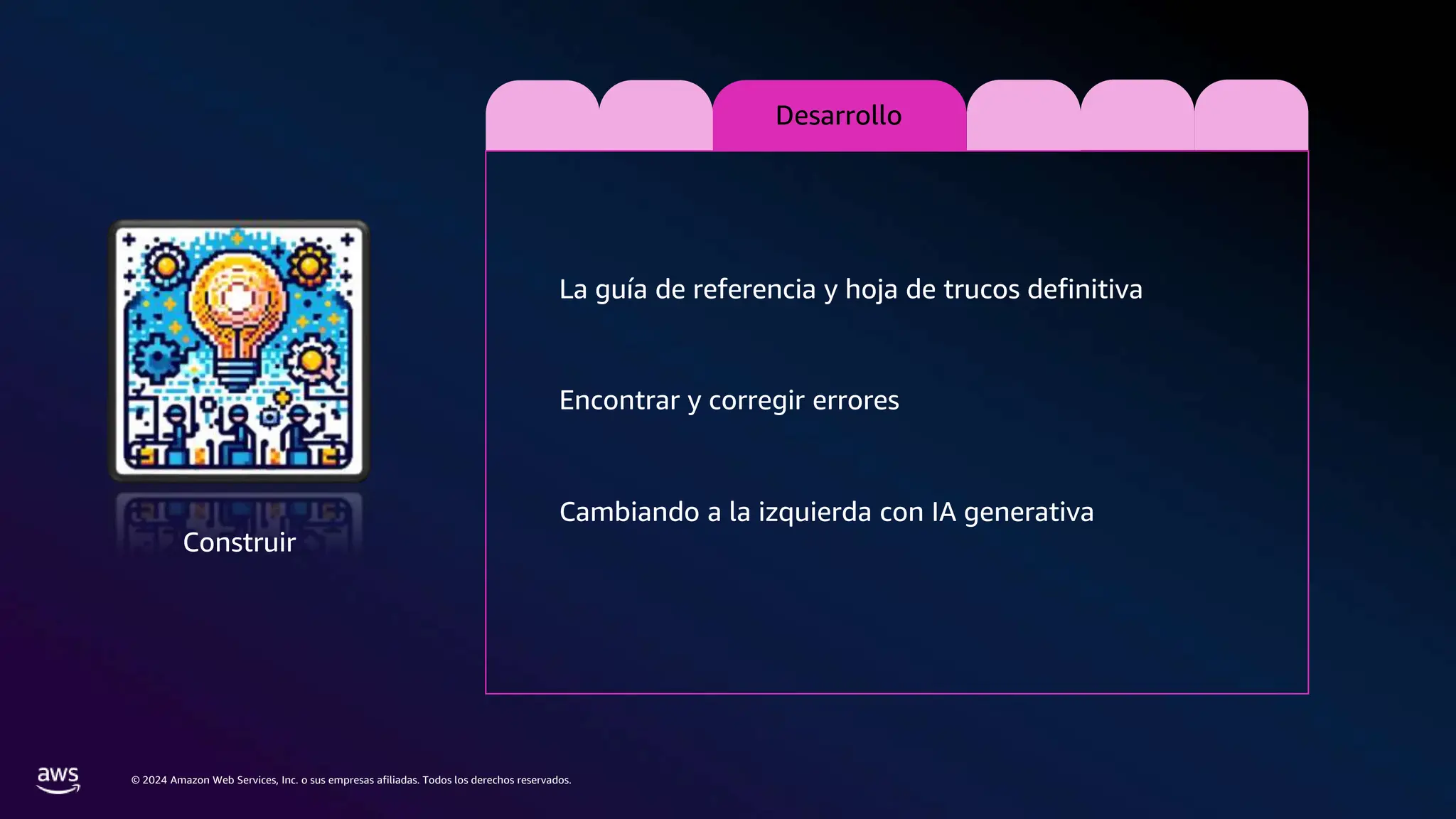 © 2024 Amazon Web Services, Inc. o sus empresas afiliadas. Todos los derechos reservados.
Desarrollo
La guía de referencia y hoja de trucos definitiva
Encontrar y corregir errores
Cambiando a la izquierda con IA generativa
Construir
 