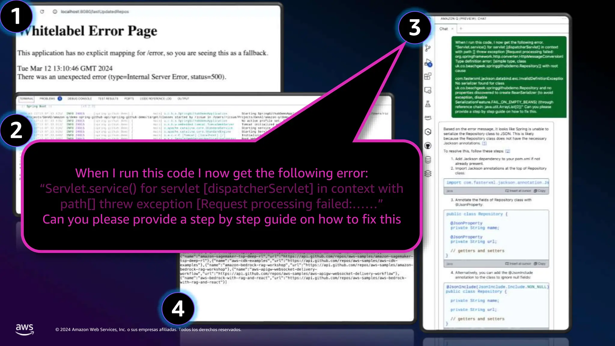 © 2024 Amazon Web Services, Inc. o sus empresas afiliadas. Todos los derechos reservados.
1
2
3
4
When I run this code I now get the following error:
“Servlet.service() for servlet [dispatcherServlet] in context with
path[] threw exception [Request processing failed:……”
Can you please provide a step by step guide on how to fix this
 