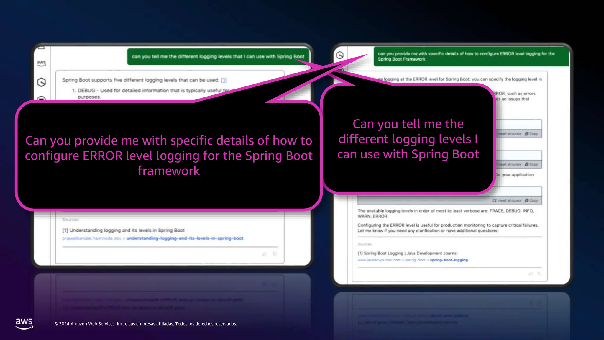 © 2024 Amazon Web Services, Inc. o sus empresas afiliadas. Todos los derechos reservados.
Can you tell me the
different logging levels I
can use with Spring Boot
Can you provide me with specific details of how to
configure ERROR level logging for the Spring Boot
framework
 