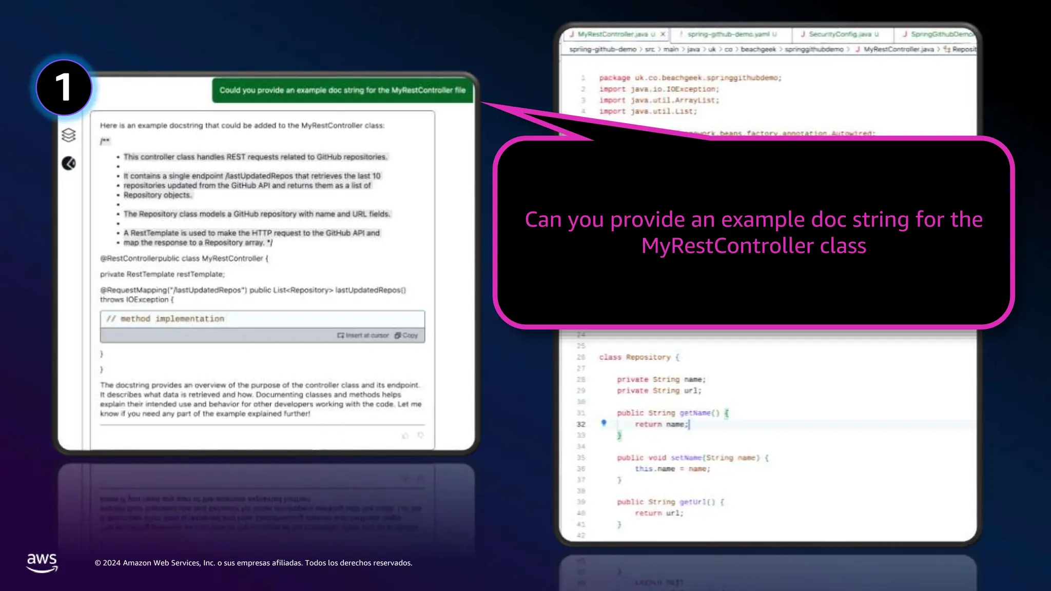 © 2024 Amazon Web Services, Inc. o sus empresas afiliadas. Todos los derechos reservados.
1
Can you provide an example doc string for the
MyRestController class
 