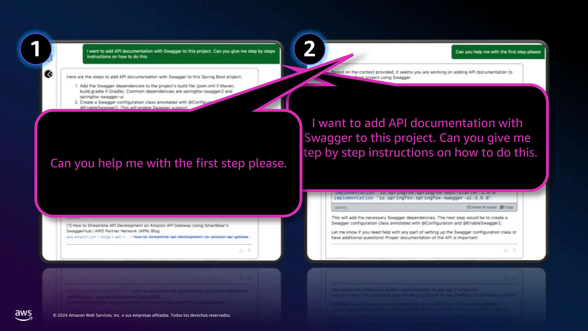 © 2024 Amazon Web Services, Inc. o sus empresas afiliadas. Todos los derechos reservados.
1 2
I want to add API documentation with
Swagger to this project. Can you give me
step by step instructions on how to do this.
Can you help me with the first step please.
 