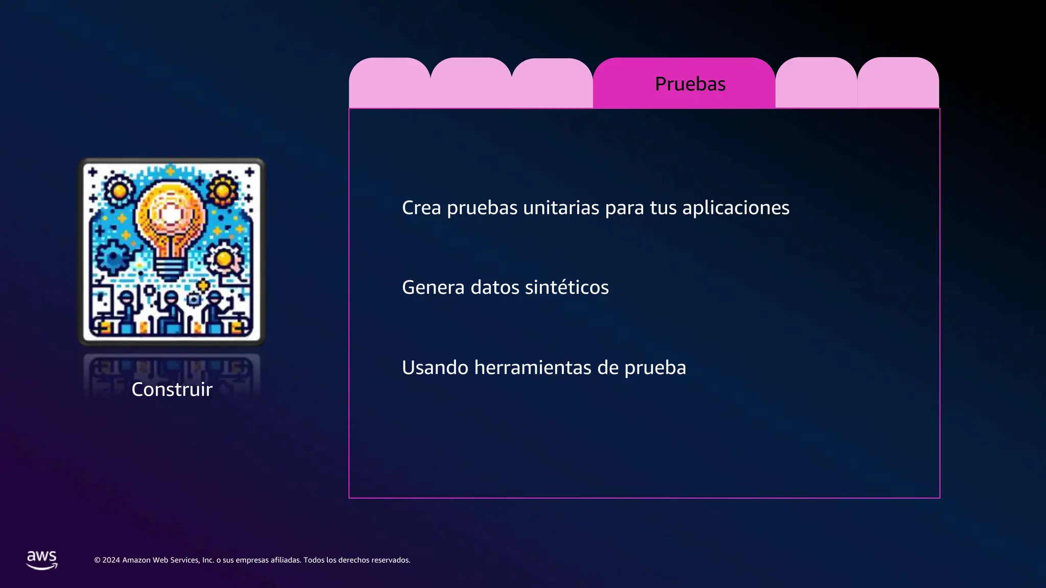 © 2024 Amazon Web Services, Inc. o sus empresas afiliadas. Todos los derechos reservados.
Pruebas
Crea pruebas unitarias para tus aplicaciones
Genera datos sintéticos
Usando herramientas de prueba
Construir
 