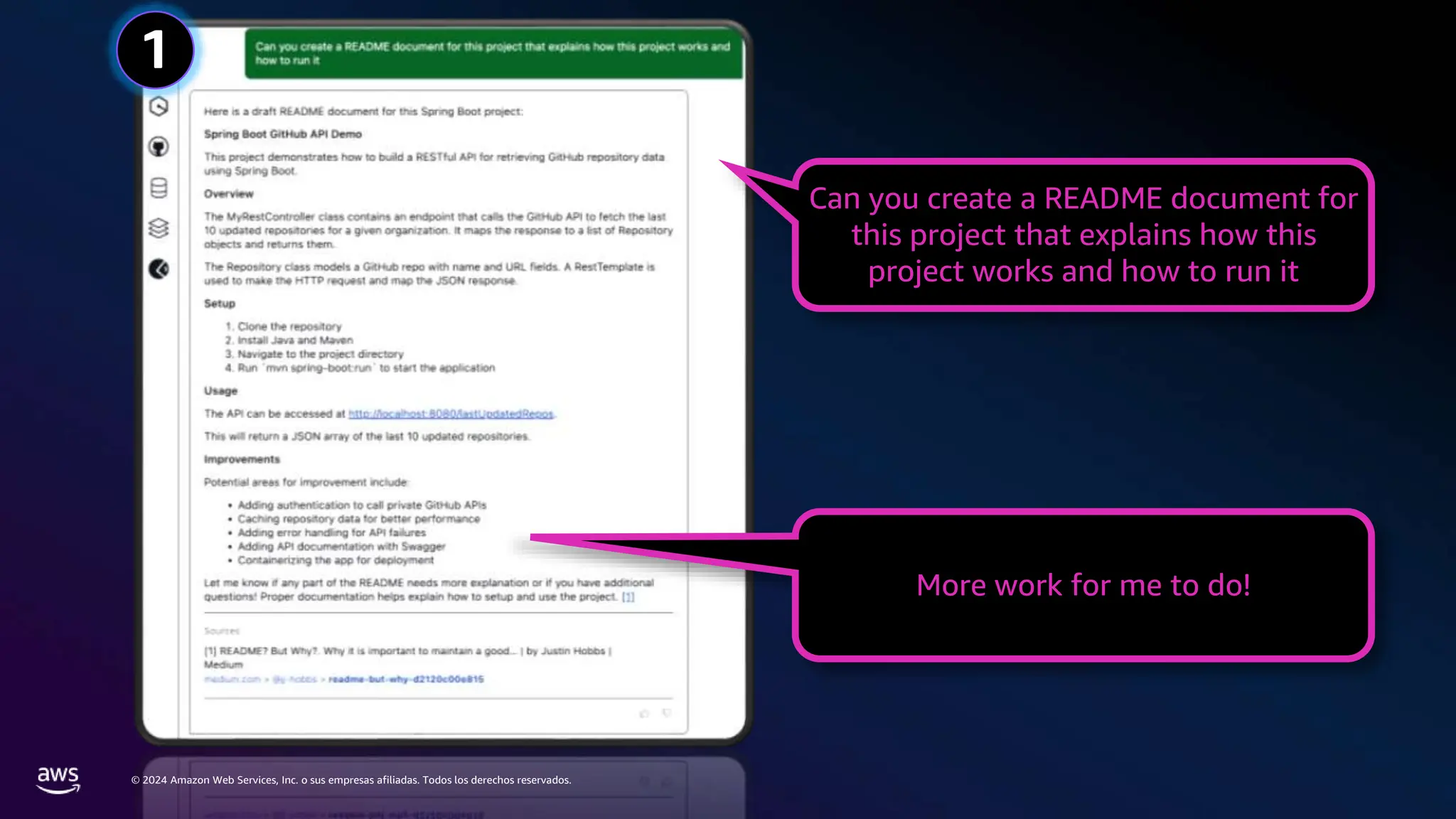 © 2024 Amazon Web Services, Inc. o sus empresas afiliadas. Todos los derechos reservados.
1
Can you create a README document for
this project that explains how this
project works and how to run it
More work for me to do!
 
