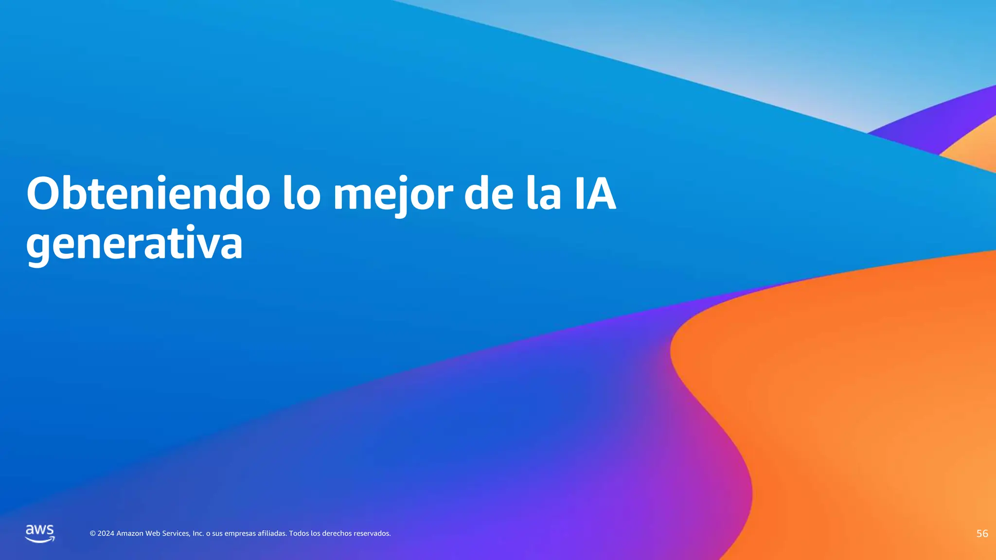 © 2024 Amazon Web Services, Inc. o sus empresas afiliadas. Todos los derechos reservados.
Obteniendo lo mejor de la IA
generativa
56
 