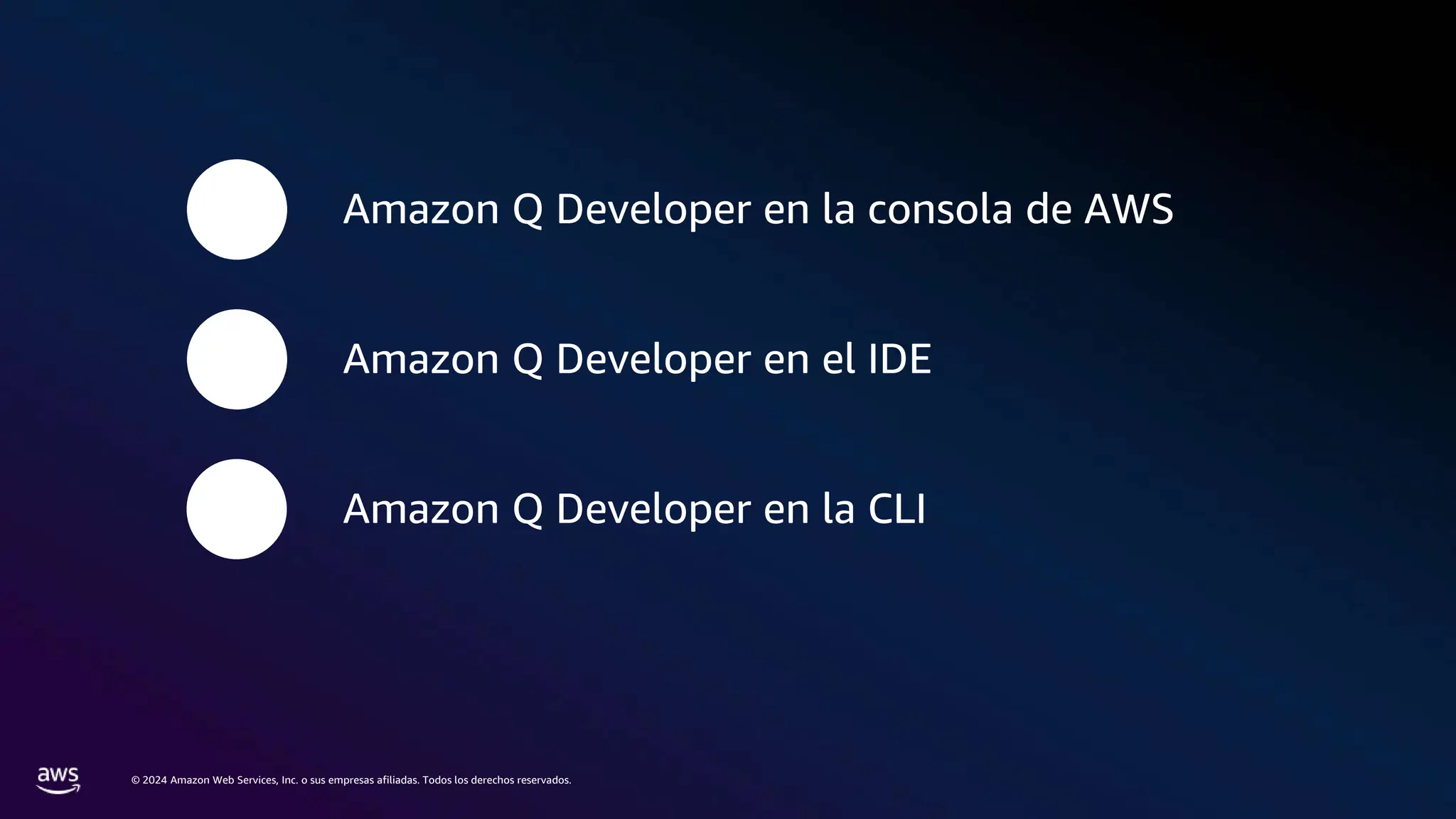 © 2024 Amazon Web Services, Inc. o sus empresas afiliadas. Todos los derechos reservados.
Amazon Q Developer en la consola de AWS
Amazon Q Developer en el IDE
Amazon Q Developer en la CLI
 