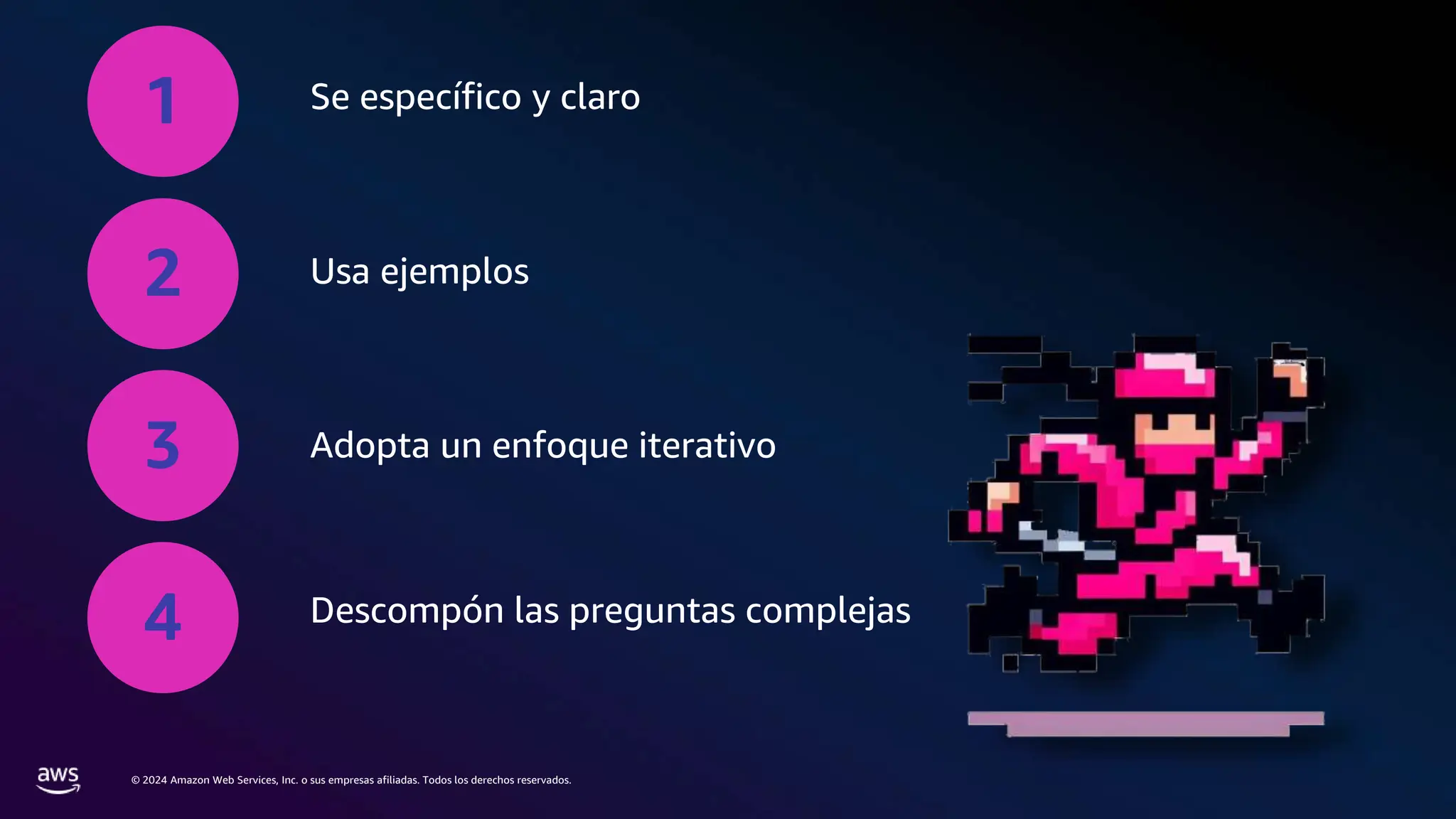 © 2024 Amazon Web Services, Inc. o sus empresas afiliadas. Todos los derechos reservados.
1 Se específico y claro
2 Usa ejemplos
3 Adopta un enfoque iterativo
4 Descompón las preguntas complejas
 