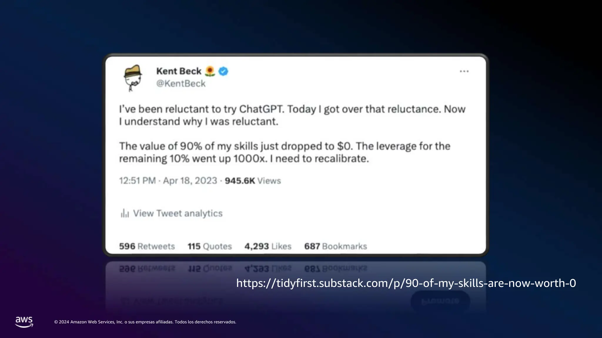 © 2024 Amazon Web Services, Inc. o sus empresas afiliadas. Todos los derechos reservados.
https://tidyfirst.substack.com/p/90-of-my-skills-are-now-worth-0
 