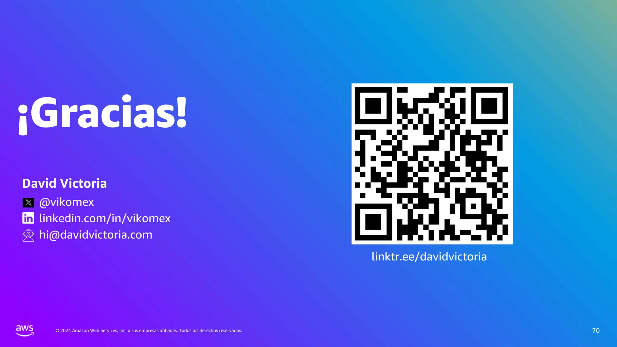 © 2024 Amazon Web Services, Inc. o sus empresas afiliadas. Todos los derechos reservados.
¡Gracias!
David Victoria
70
David Victoria
@vikomex
linkedin.com/in/vikomex
hi@davidvictoria.com
linktr.ee/davidvictoria
 