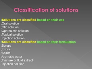 Solutions are classified based on their use
:
Oral solution
;
Otic solution
;
Ophthalmic solution
;
Topical solution
;
Injection solution
.
Solutions are classified based on their formulation
:
Syrups
;
Elixirs
;
Spirits
;
Aromatic water
;
Tincture or fluid extract
;
Injection solution
.
 