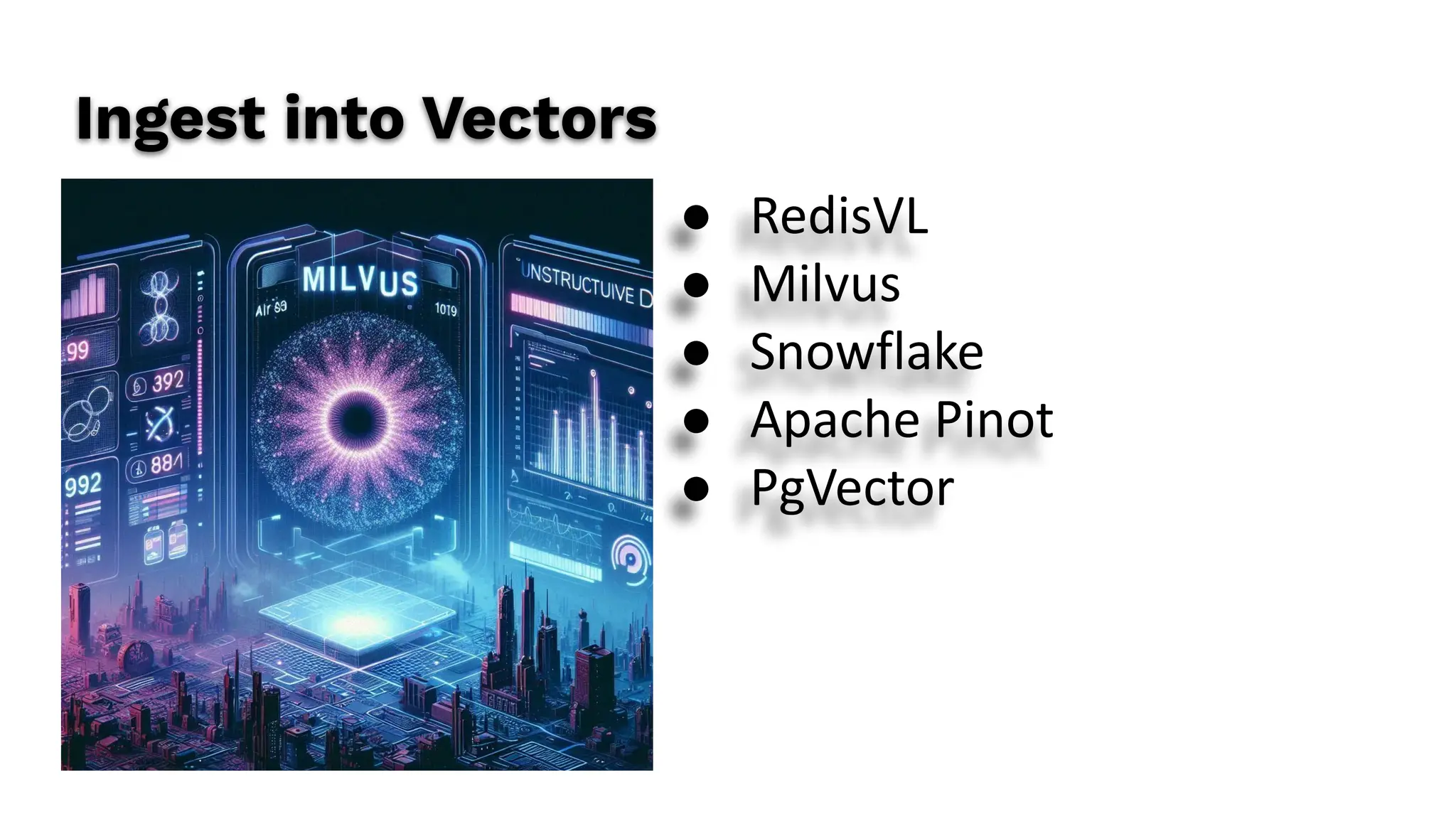 Ingest into Vectors
● RedisVL
● Milvus
● Snowflake
● Apache Pinot
● PgVector
 