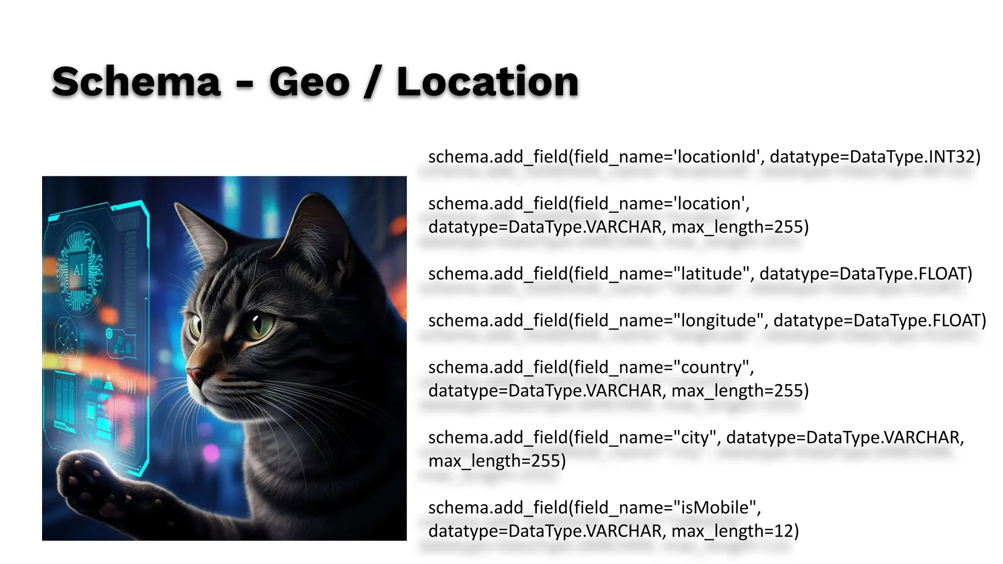 Schema - Geo / Location
schema.add_field(field_name='locationId', datatype=DataType.INT32)
schema.add_field(field_name='location',
datatype=DataType.VARCHAR, max_length=255)
schema.add_field(field_name="latitude", datatype=DataType.FLOAT)
schema.add_field(field_name="longitude", datatype=DataType.FLOAT)
schema.add_field(field_name="country",
datatype=DataType.VARCHAR, max_length=255)
schema.add_field(field_name="city", datatype=DataType.VARCHAR,
max_length=255)
schema.add_field(field_name="isMobile",
datatype=DataType.VARCHAR, max_length=12)
 