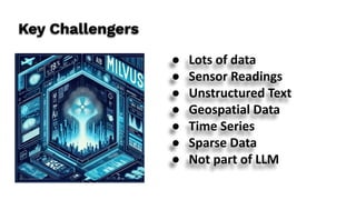 Key Challengers
● Lots of data
● Sensor Readings
● Unstructured Text
● Geospatial Data
● Time Series
● Sparse Data
● Not part of LLM
 