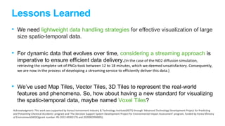 Lessons Learned
• We need lightweight data handling strategies for effective visualization of large
size spatio-temporal data.
• For dynamic data that evolves over time, considering a streaming approach is
imperative to ensure efficient data delivery.(In the case of the NO2 diffusion simulation,
retrieving the complete set of PNGs took between 12 to 18 minutes, which we deemed unsatisfactory. Consequently,
we are now in the process of developing a streaming service to efficiently deliver this data.)
• We’ve used Map Tiles, Vector Tiles, 3D Tiles to represent the real-world
features and phenomena. So, how about having a new standard for visualizing
the spatio-temporal data, maybe named Voxel Tiles?
Acknowledgment: This work was supported by Korea Environment Industry & Technology Institute(KEITI) through 'Advanced Technology Development Project for Predicting
and Preventing Chemical Accidents' program and 'The Decision Support System Development Project for Environmental Impact Assessment' program, funded by Korea Ministry
of Environment(MOE)(grant number: RS-2022-KE002176 and 2020002990005).
 