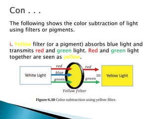 The following shows the color subtraction of light
using filters or pigments.
i. Yellow filter (or a pigment) absorbs blue light and
transmits red and green light. Red and green light
together are seen as yellow.
 