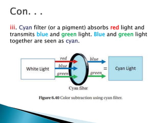 iii. Cyan filter (or a pigment) absorbs red light and
transmits blue and green light. Blue and green light
together are seen as cyan.
 