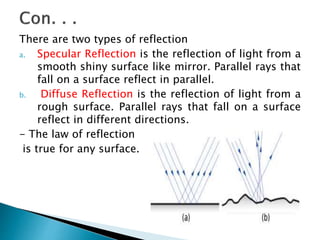 There are two types of reflection
a. Specular Reflection is the reflection of light from a
smooth shiny surface like mirror. Parallel rays that
fall on a surface reflect in parallel.
b. Diffuse Reflection is the reflection of light from a
rough surface. Parallel rays that fall on a surface
reflect in different directions.
- The law of reflection
is true for any surface.
 