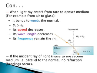→ When light ray enters from rare to denser medium
(For example from air to glass):
- It bends to words the normal.
- 𝜃1 > 𝜃2
- its speed decreases.
- Its wave length decreases.
- Its frequency remain the same.
→ If the incident ray of light enters to the second
medium i.e. parallel to the normal, no refraction
(bending) occurs.
 