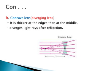 b. Concave lens(diverging lens)
- It is thicker at the edges than at the middle.
- diverges light rays after refraction.
 