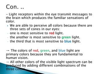 - Light receptors within the eye transmit messages to
the brain which produces the familiar sensations of
color.
 We are able to perceive all colors because there are
three sets of cones in our eyes:
- one is most sensitive to red light.
- the another is most sensitive to green light.
- the third that is most sensitive to blue light.
→ The colors of red, green, and blue light are
primary colors because they are fundamental to
human vision.
→ All other colors of the visible light spectrum can be
produced by adding different combinations of the
three colors.
 