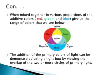  When mixed together in various proportions of the
additive colors ( red, green, and blue) give us the
range of colors that we see below.
 The addition of the primary colors of light can be
demonstrated using a light box by viewing the
overlap of the two or more circles of primary light.
 
