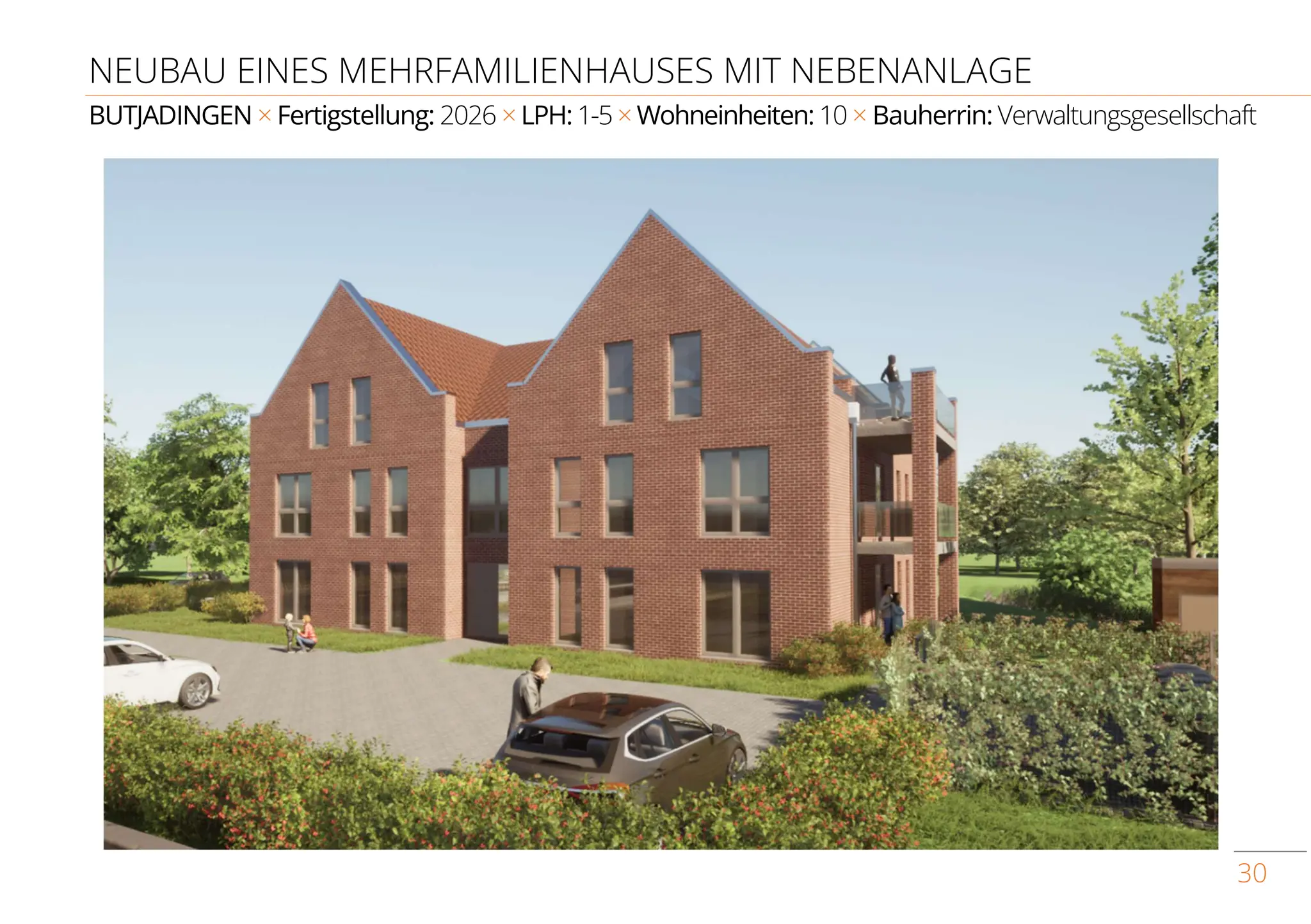 30
NEUBAU EINES MEHRFAMILIENHAUSES MIT NEBENANLAGE
BUTJADINGEN × Fertigstellung: 2026 × LPH: 1-5 × Wohneinheiten: 10 × Bauherrin: Verwaltungsgesellschaft
 
