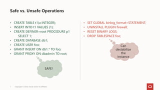 • CREATE TABLE t1(a INTEGER);
• INSERT INTO t1 VALUES (1);
• CREATE DEFINER=root PROCEDURE p1
SELECT 1;
• CREATE DATABASE db1;
• CREATE USER foo;
• GRANT INSERT ON db1.* TO foo;
• GRANT PROXY ON dbadmin TO root;
• SET GLOBAL binlog_format=STATEMENT;
• UNINSTALL PLUGIN firewall;
• RESET BINARY LOGS;
• DROP TABLESPACE foo;
Safe vs. Unsafe Operations
Copyright © 2024, Oracle and/or its affiliates
7
SAFE!
Can
destabilize
the
instance
 