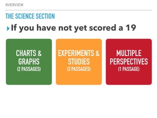 OVERVIEW
THE SCIENCE SECTION
CHARTS &
GRAPHS
(2 PASSAGES)
EXPERIMENTS &
STUDIES
(3 PASSAGES)
MULTIPLE
PERSPECTIVES
(1 PASSAGE)
▸If you have not yet scored a 19
 
