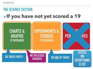 OVERVIEW
THE SCIENCE SECTION
CHARTS &
GRAPHS
(2 PASSAGES)
EXPERIMENTS &
STUDIES
(3 PASSAGES)
MULTIPLE
PERSPECTIVES
(1 PASSAGE)
▸If you have not yet scored a 19
NO ITALICIZED
HEADERS
DO THESE FIRST!! DO ONE OF THESE
GUESS
ON
EVERYTHING
ELSE!
 